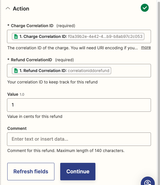 Configurando a action de criar um reembolso